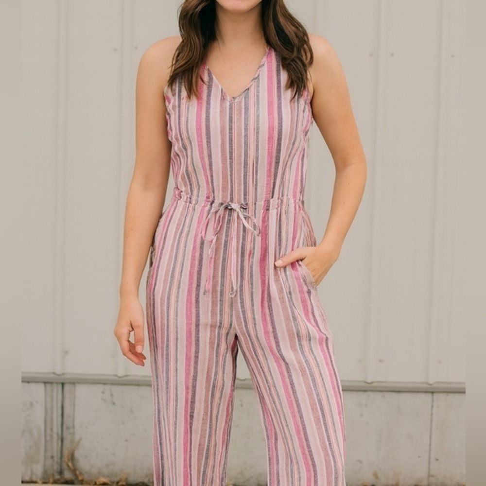 Anthropologie Drew Linen Blend Striped Wide Leg Sleeveless Jumpsuit L